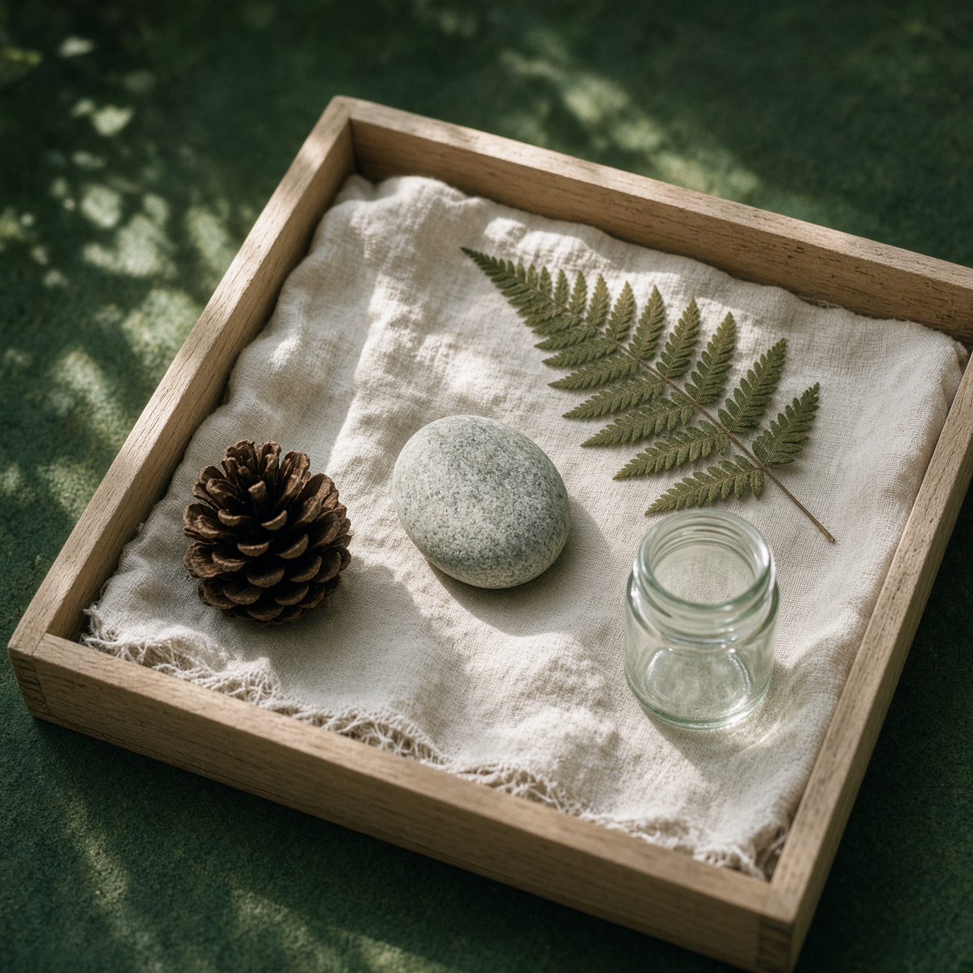 A nature-study tray with a pine cone, stone, and fern